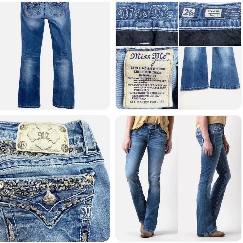 NEW Miss Me Women’s Denim Jeans Boot Mini Flare Size 26 Medium Wash Rhinestone - Picture 5 of 12